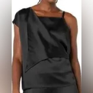 MAKING THE CUT Women's One Sleeve Asymmetrical Strappy Top Satin Black L NWT